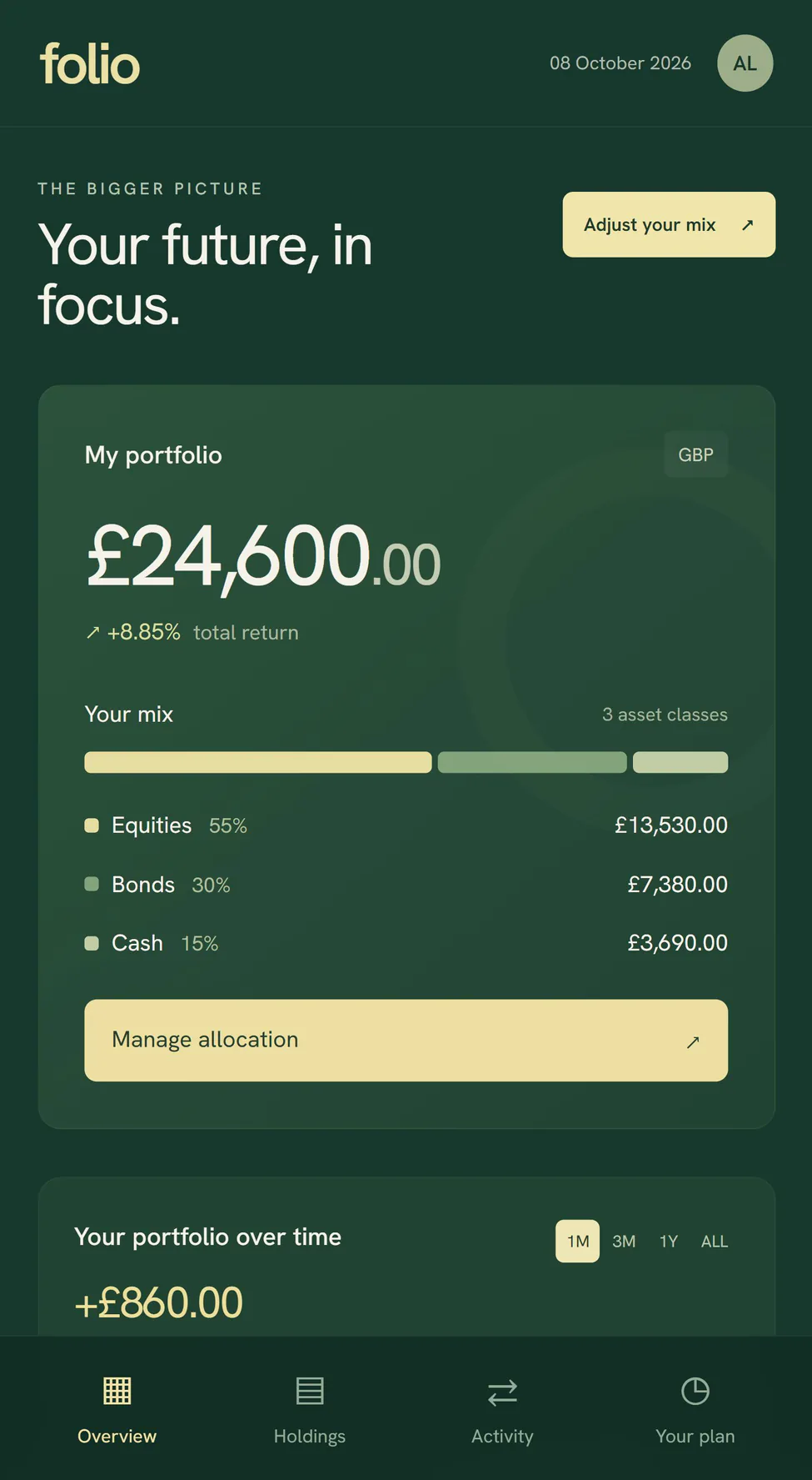 Folio’s allocation-led identity on a phone