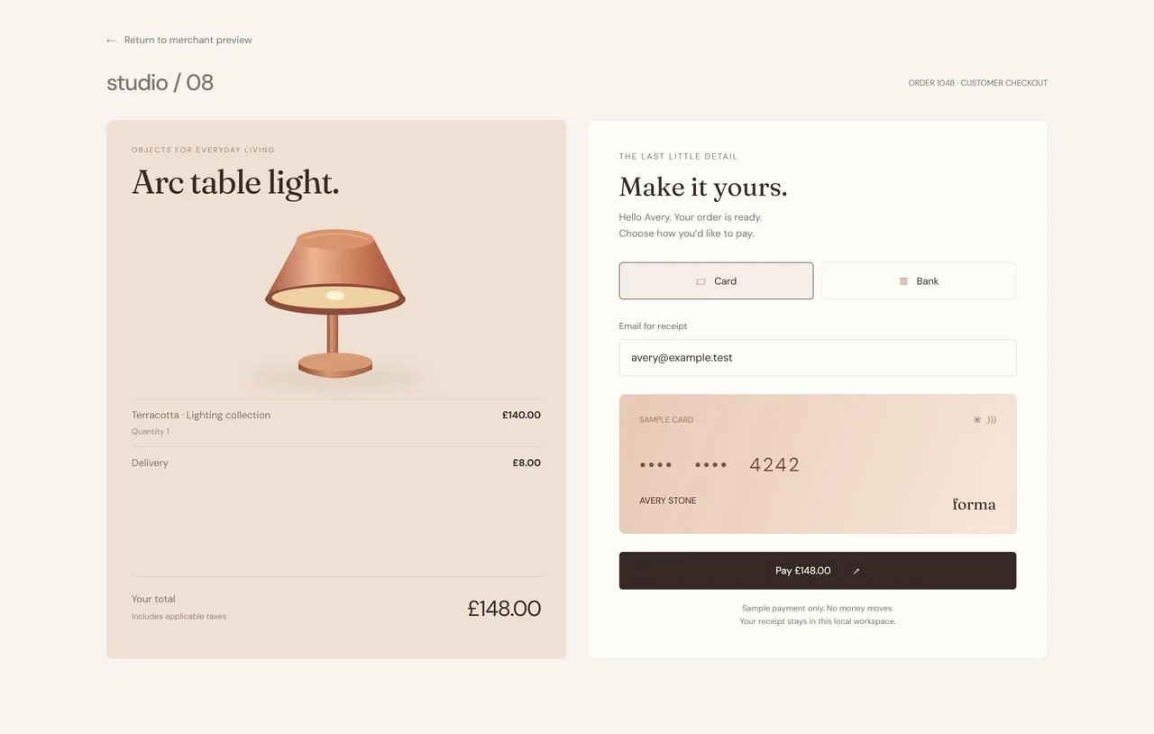 Studio 08 customer checkout with itemised order and card or bank payment