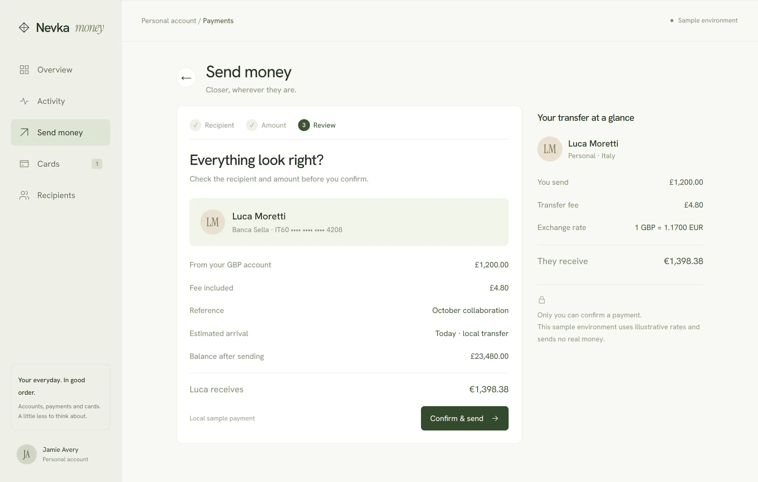 Nevka Money transfer review with recipient, fee, conversion and balance after sending