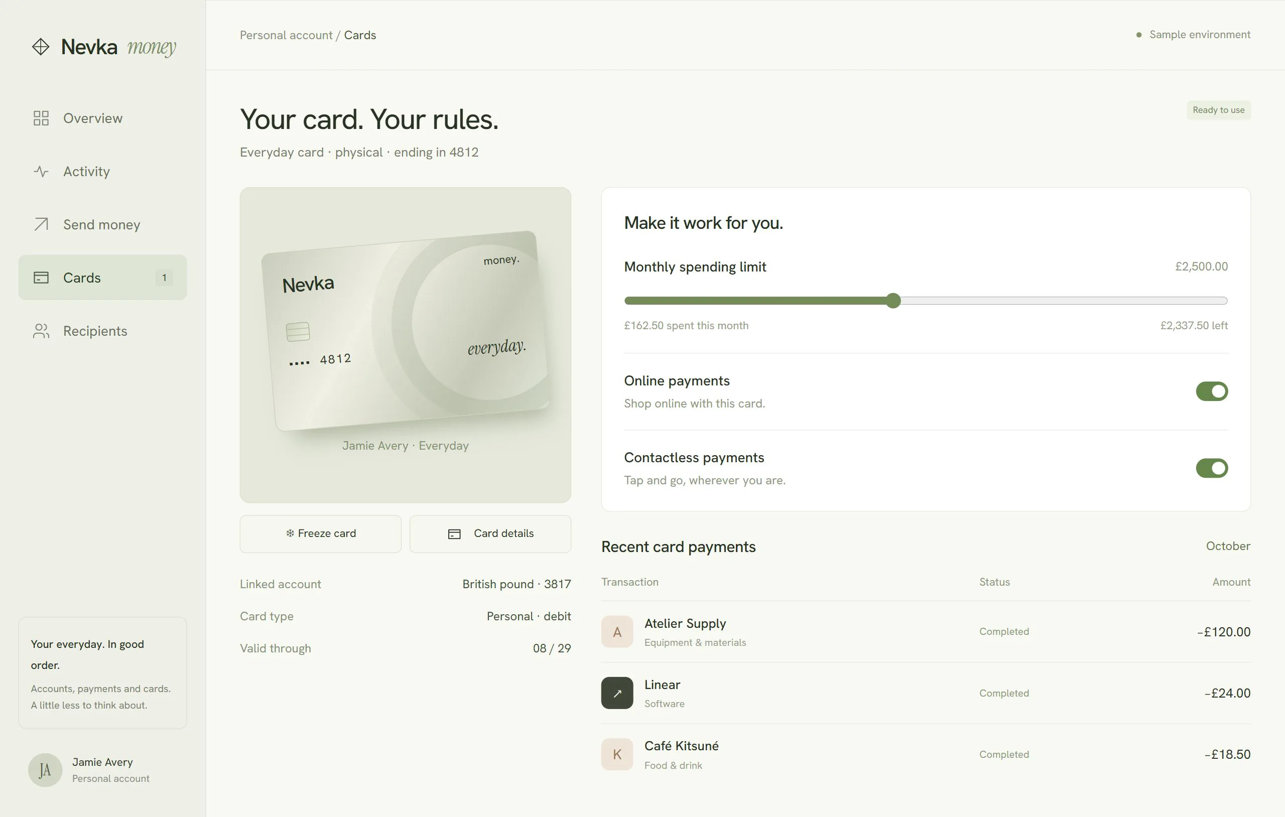 Nevka Money card controls, limits and payment settings